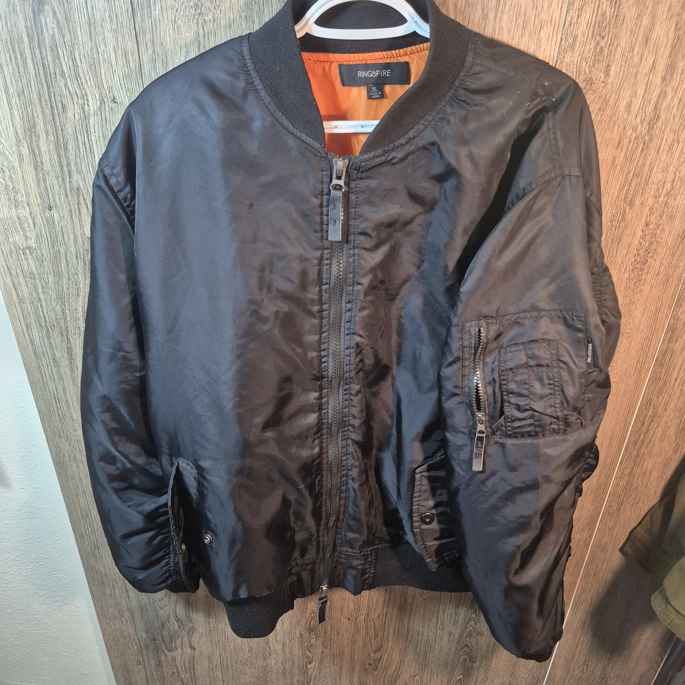 Ring of Fire Black Bomber Jacket with Vibrant Orange Lining